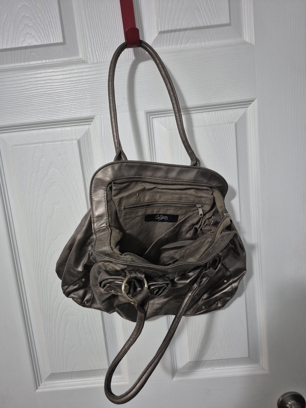 City Streets Metallic Pewter Faux Leather Hobo Shoulder Bag Purse